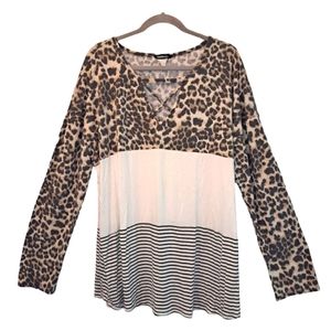 Heimish USA Leopard Colorblock Strappy Neck Long Sleeved Shirt Plus Size 3X